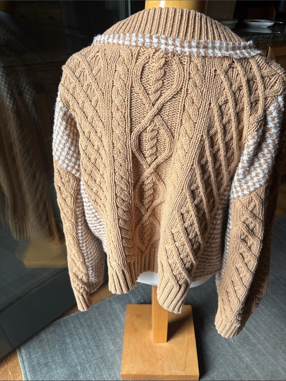 POL Camel Cable Knit Cardigan with Cream Accents - Picture 2 of 8